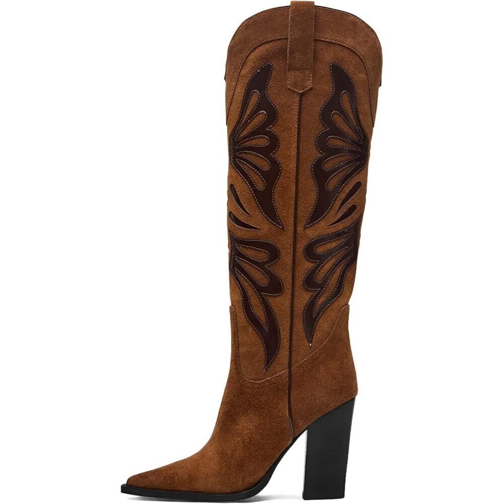 Women's Brown Pointed Toe Chunky High Heels Cowgirl Wide Calf Knee High Boots